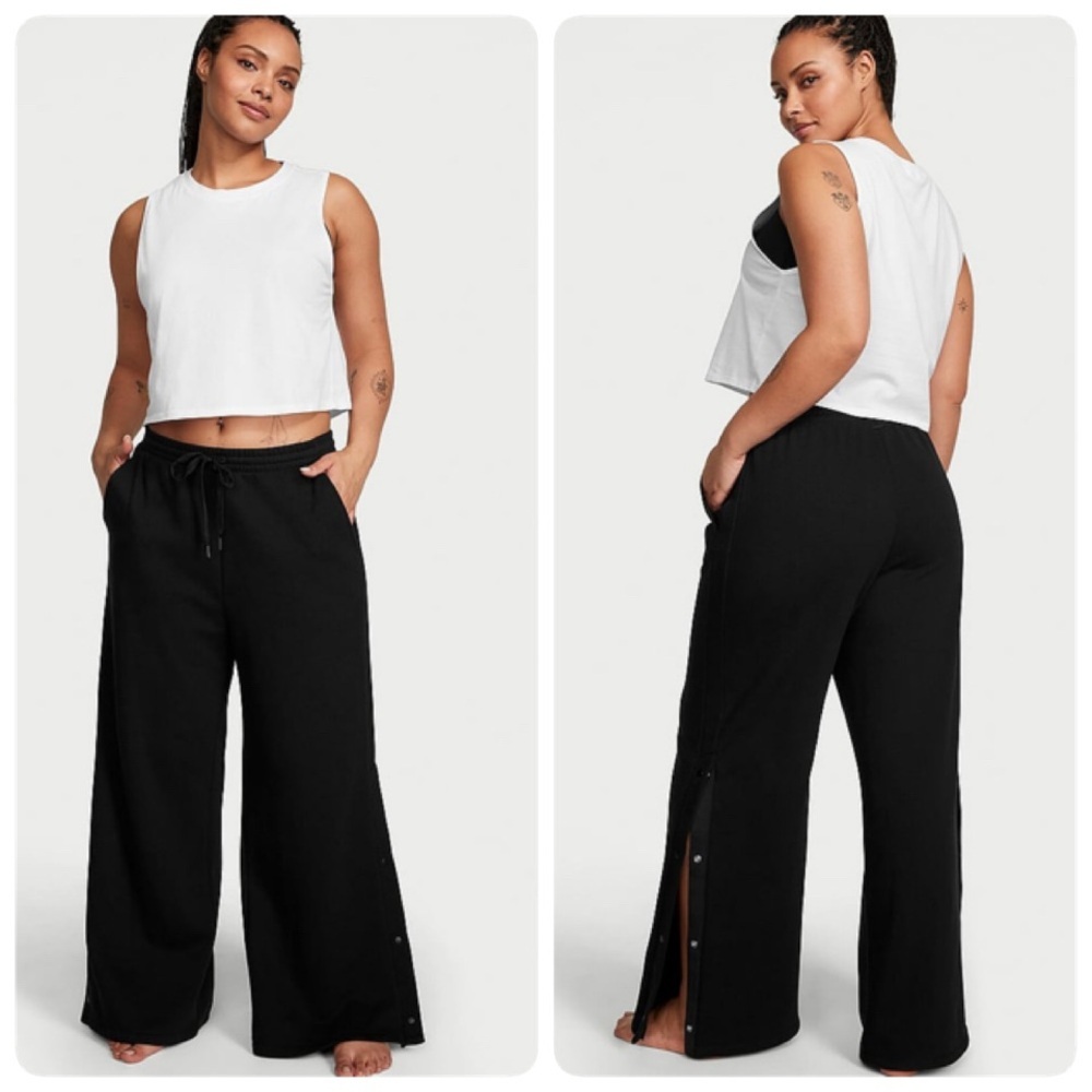 Victoria's Secret Pure Black Fleece Popper Snap Wide Leg Jogger Size Large